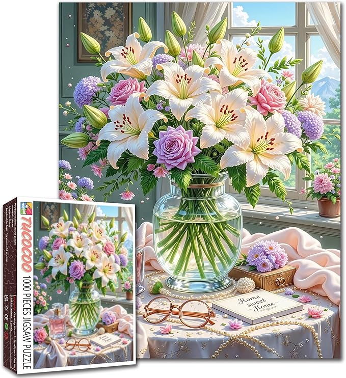 Lily Jigsaw Puzzles Flowers Floral 1000 Piece Rose Hydrangea vase Puzzles for Adults,Blossom Flowers Puzzles for Challenging Family Activity Games for Home Wall Decor Gifts - 20 x 27 Inches