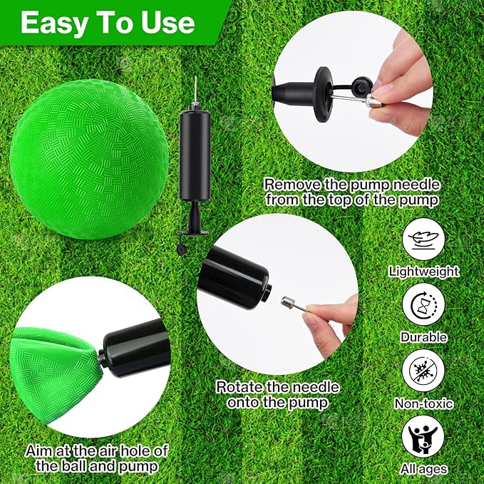 6 Pcs Dodgeballs 8.5 Inch Playground Ball Kickball Green Inflatable Rubber Handball Bouncy Dodge Ball with 1 Hand Pump for Outdoors Games Gym Camps Picnic (Needle is at The Top of the Pump)
