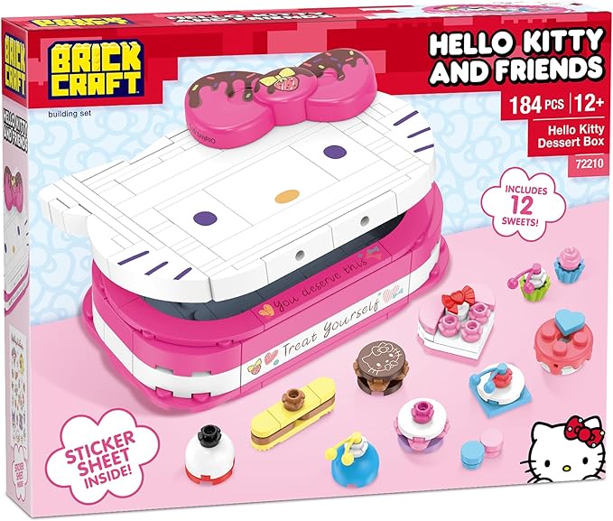 Brickcraft Hello Kitty Dessert Box Building Kit (184-Piece Set), Sanrio Buildable Sweets Set with Chocolate Bow Lid, Decorative Stickers, Gift for Fans Ages 12+