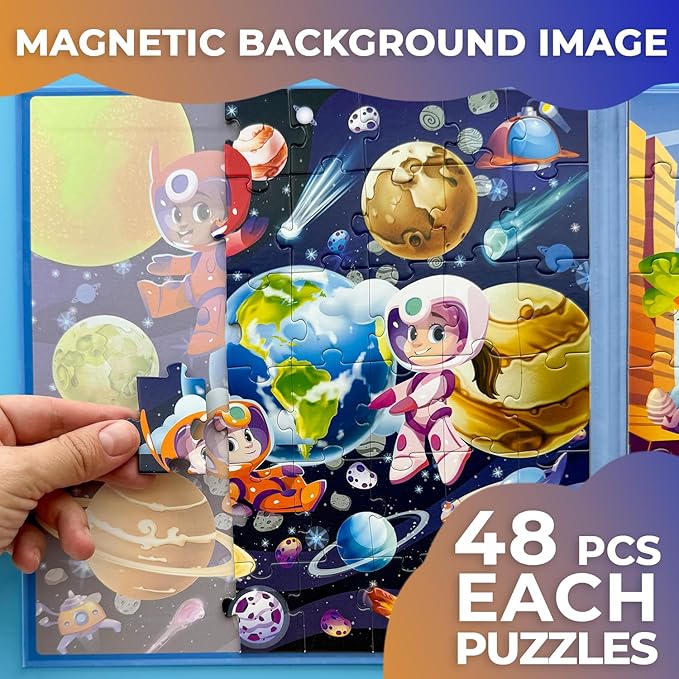 QUOKKA Magnetic Puzzles for Toddlers 3-5 – 2x48 Pieces Travel Games for Kids Ages 2-4 – Dinosaur Magnetic Puzzles for Kids Ages 4-8 – Space Learning Puzzle Gift Toy for Boys and Girls