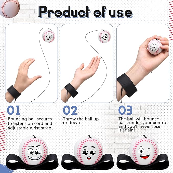 30 Pcs Wrist Return Balls on a String Face Return Sport Balls with Elastic Strap Wrist Exercise for Adults for Fun Outdoor Activity Sports Team Gifts (Baseball)