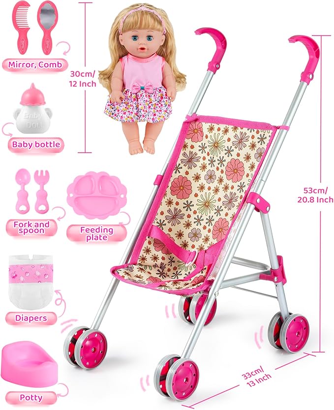 GAGAKU Baby Doll Stroller Playset with 12-inch Doll & Accessories, Foldable Lightweight Toy Stroller for Toddler Girls Kids Ages 1-6, 12" Baby Doll and Accessories Included - Daisies Pattern