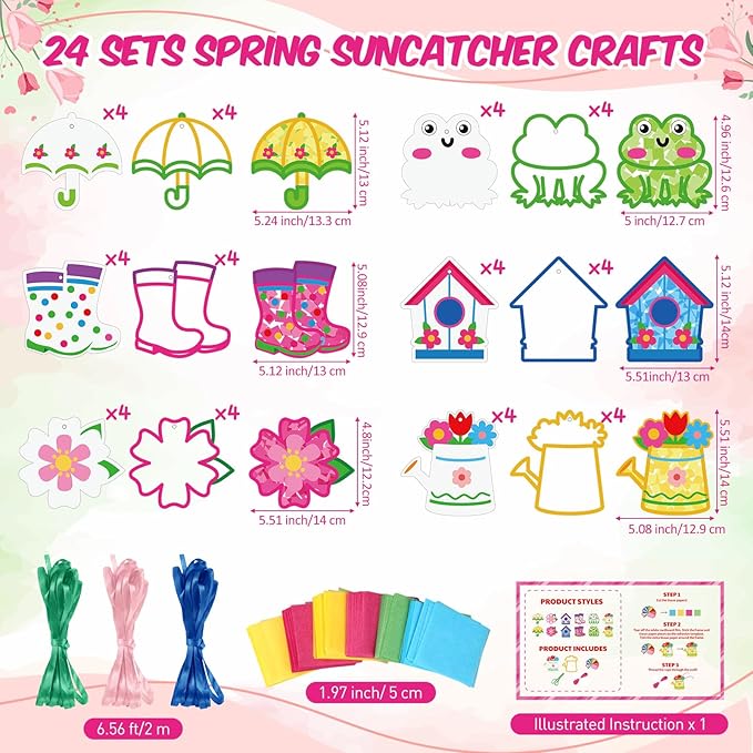 Feifeiya 24 Sets Spring Craft Kits Spring Suncatcher Crafts Flower Umbrella Rain Boot Tissue Paper Kit DIY Colorful Hanging Ornament for Springtime April Easter Window Art Activity Party Favors(Rainy)
