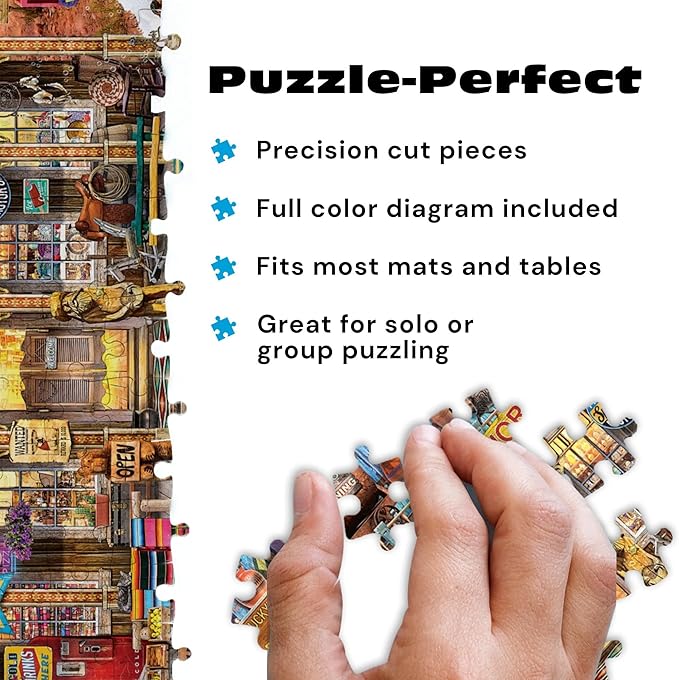 Buffalo Games - 1000 Piece Jigsaw Puzzle Jeff Haynie Wild West Trading Post, Made in USA, Premium Recycled Board, Reference Diagram, Giftable Colorful Art