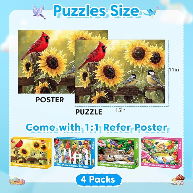 4-Pack 100 Piece Puzzles for Kids Ages 6-8 8-10 Year Old, Birds Puzzles, Large Piece Puzzle for Seniors 100 Pieces Adults Jigsaw Puzzle, Learning Educational Toys for Boys and Girls