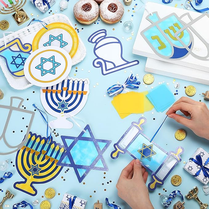 24 Sets Hanukkah Craft Kits Hanukkah Tissue Paper Crafts Chanukah Suncatchers Kits DIY Star of David Menorah Dreidel Hanging Ornaments for Chanukah Christmas Holiday Activities Party Supplies