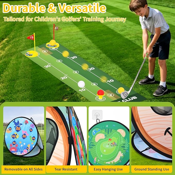 AOSITE Toddler Golf Set, 5 in 1 Kids Sticky Golf Games Toys with 3 Golf Clubs, Putting Mat, 4-Sided Chipping Net, Golf Sport for Kid, Indoor Outdoor Toy Kids Golf Set Activitie Party Birthday Gift 3+