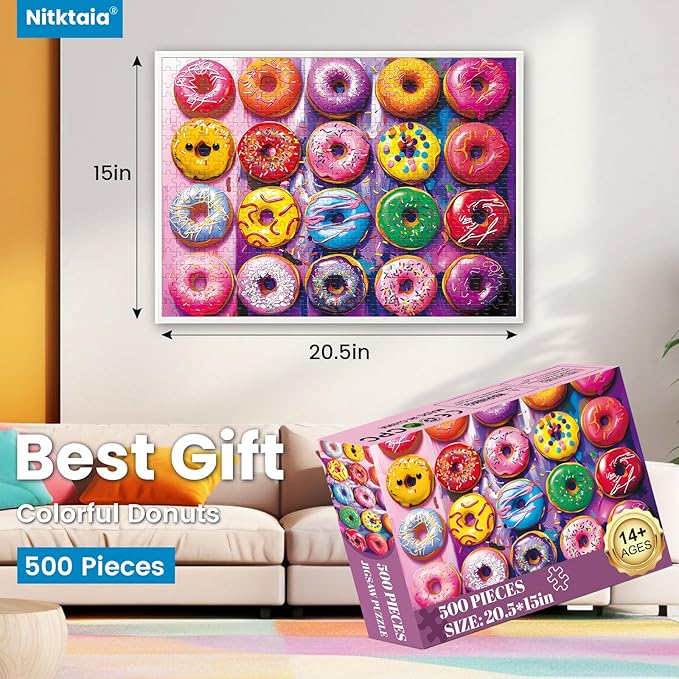 500 Pieces Puzzles for Adults–Colorful Donuts Puzzle for Adults Elderly–Recycled Paper Jigsaw Puzzle 500 Pieces–Glossy, Sturdy Pieces Challenging Family Game Great Gift Idea (20.5x15in)
