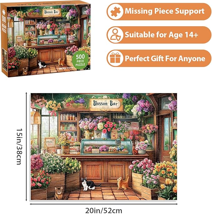 Puzzles for Adults 500 Pieces, Beautiful Flower Store Puzzle for Adults 500 Pieces, Cat Jigsaw Puzzles for Seniors, Perfect for Game Nights Giving Puzzle, 20.5x15 in