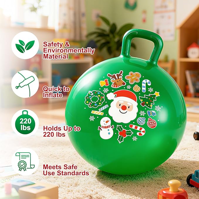 ZOOJOY Hopper Ball for Kids 3-8, 18 in Green Hippity Hop Balls, Bouncy Ball with Handle for Boys & Girls Indoor Outdoor Play, Inflatable Christmas Balls Bounce Hopping Toys with Pump