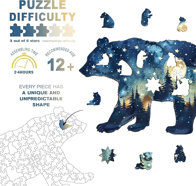 Wooden Puzzles for Adults - Astral Bear Wooden Jigsaw Puzzle - Unique Animal Shaped Wood Puzzles Adult - Christmas Birthday Gifts for Adults/Friends/Family - 100 Pcs 9.1 * 6in