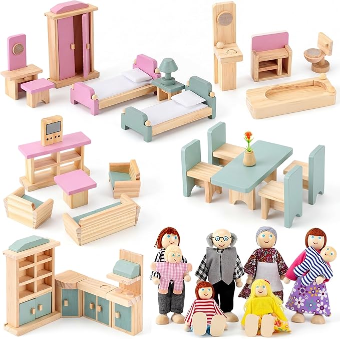 Sumind 35 Pcs Wooden Dollhouse Furniture Set with 8 Family Figures, 1:12 Scale Miniature Dolls House Accessories for Kitchen, Bedroom & Bathroom, Montessori Educational Toy Gift for Girls and Boys