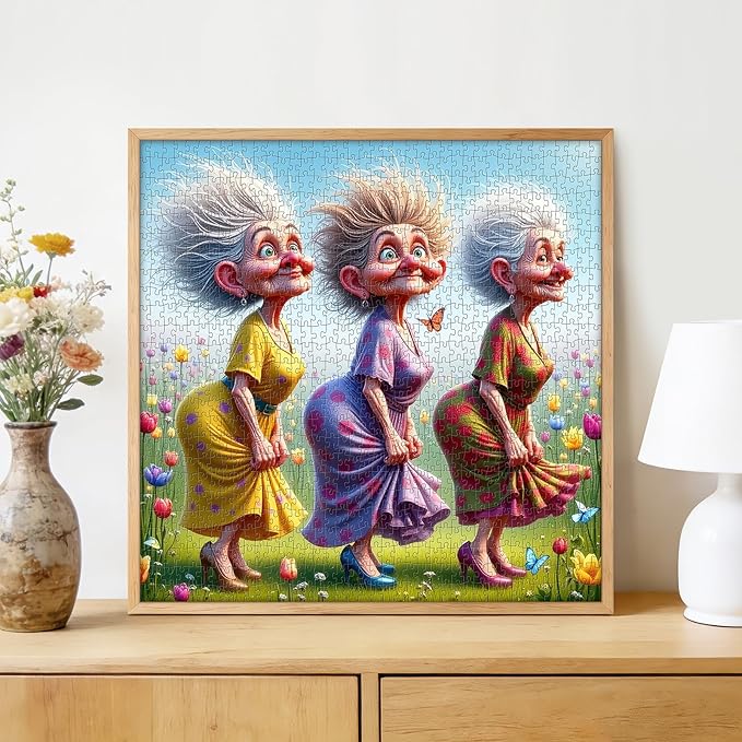 Funny Grandma Squad in Tulip Field 1000 Piece Jigsaw Puzzle for Adults - Whimsical Spring Scene with 1:1 Poster & Lettered Back, Precision-Cut HD Quality, Unique Gift for Grandma & Nature Lovers