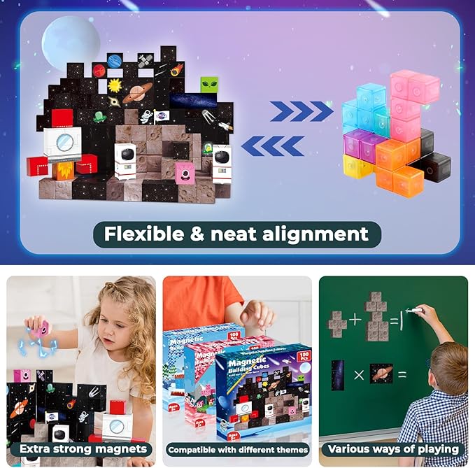 Goody King 100PCS Space Rocket Magnetic Building Blocks |Space Adventure Magnetic Blocks Set, STEM Montessori Stacking Toy, Building Playsets for Boys and Girls Ages 3-10,Sensory Tile Easter Gifts
