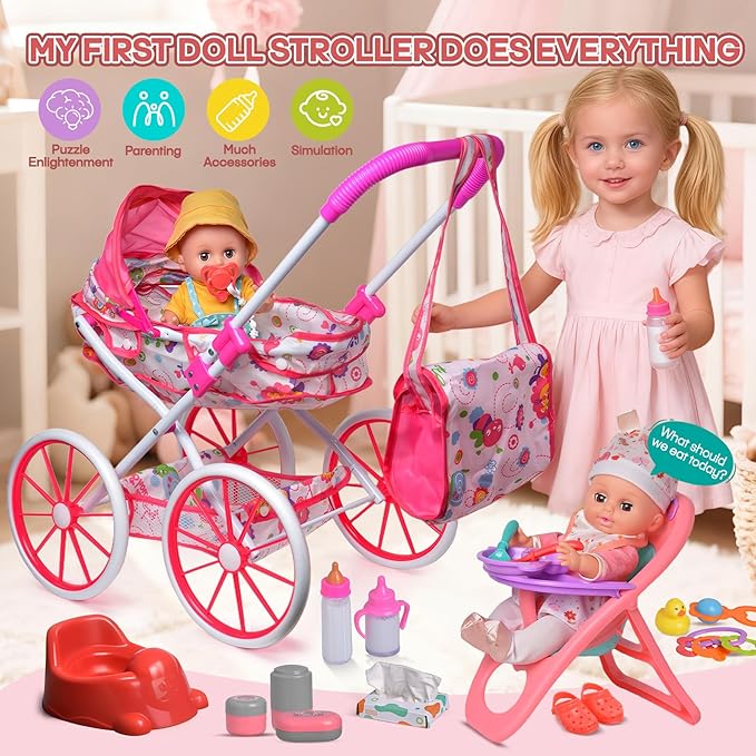Baby Doll Stroller Set Toys with 12.5'' Baby Dolly, Baby Doll Accessories with Dining Chair&2 Set Clothes&Diaper Changing, Doll Playset for Kids, Pretend Play Girls Toys Gifts for Girls 3 4 5 Year Old
