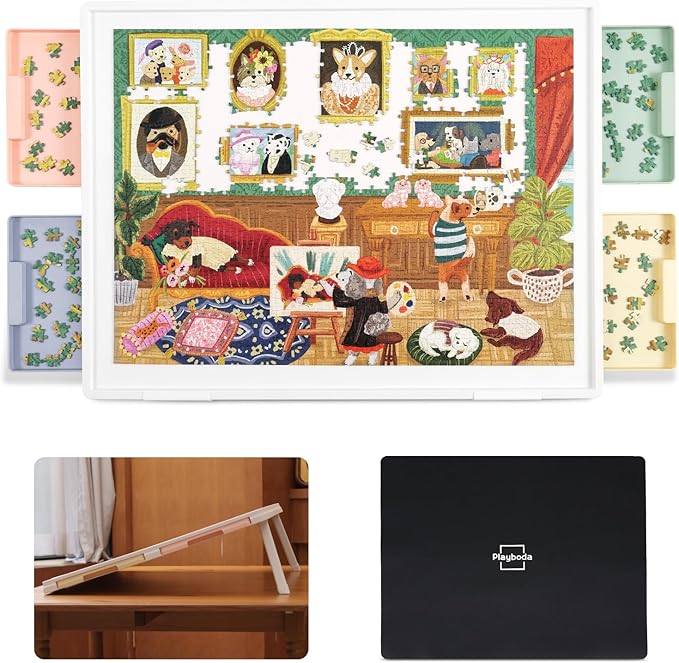 Playboda 1000-Piece Tilting Puzzle Board (30"x22") with 4 Color Drawers and Protective Mat, Adjustable Puzzle Table with Built-in Stand, Ideal Puzzle Gift for Adults