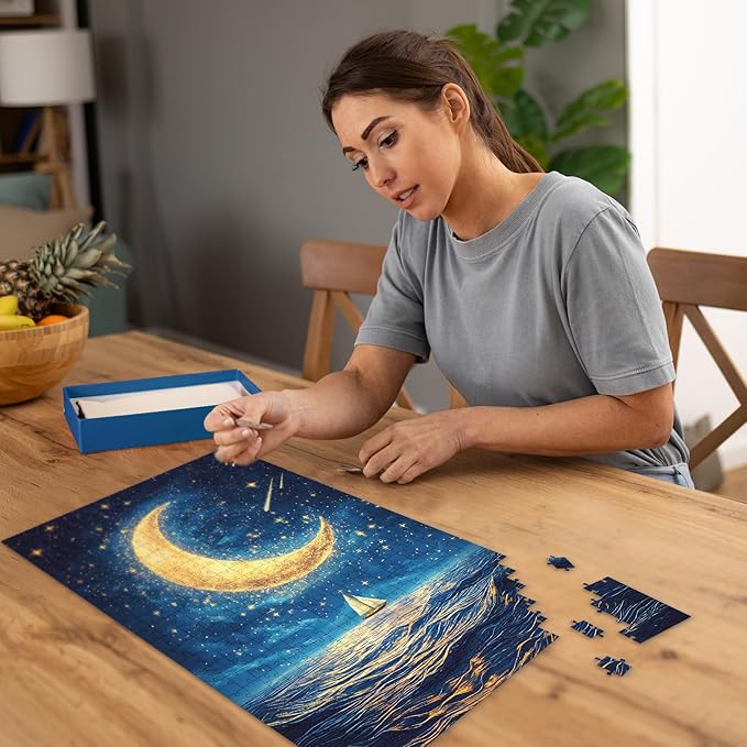 Ocean Puzzle 1000 Pieces-Starlit Voyage, Starry Night Puzzle 1000 Pieces, Moon Puzzles for Adults, Difficult Jigsaw Puzzle for Families, Finished Size 19.69 * 27.56", with 1:1 Poster