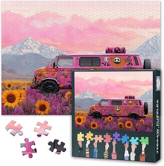 1000 Pieces Puzzles for Adults - Large Jigsaw Puzzle Pink Van, Field Mountain Sunset Travel Challenging Mind Game, for Puzzle Enthusiasts, Wall Decor, 19.5 x 27.5 Inch