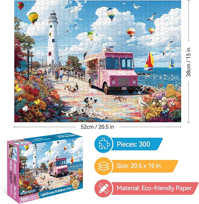 300 Piece Puzzles for Adults, Spring & Summer 300 Piece Puzzles for Adults Large Piece, Hot Air Balloon Ice Cream Truck Jigsaw Puzzle Gift for Adult Kids Family Games Toy, 20.5 X 15 in