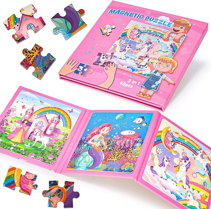 LovesTown Magnetic Puzzles for Toddlers, Educational 3-in-1 Fairytale Travel Puzzle Book, Learning Magnets for Kids, 48 PCS