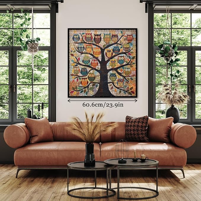 Colorful Owl Tree Quilt Puzzles for Adults 1000 Pieces, Funny Bird Art Jigsaw Puzzle, Difficult Cute Animal Puzzles