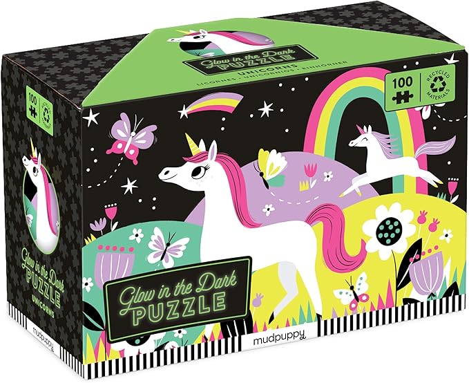 Mudpuppy Unicorns – 100 Piece Glow In The Dark Jigsaw Puzzle with a Wondrous Scene of Magical Unicorns and Hidden Hillside Details in the Dark