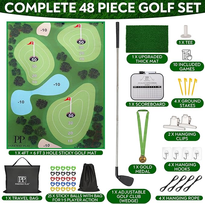 Golf Chipping Mat with Adjustable Golf Club - 48 Piece Outdoor Indoor Golf Game for 1-5 Players - Giant Turf Hitting Mat with Tee, 25 Sticky Balls, Travel Bag for Golfers for All Ages