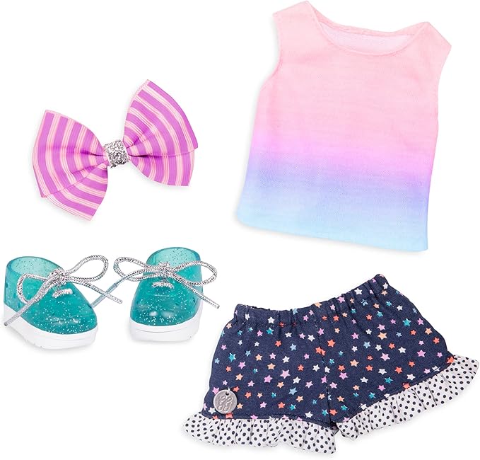 Glitter Girls – 14-Inch Doll Clothes – 4 Pieces Starry Outfit – Colorful Top & Polka Dot Shorts – Glittery Shoes & Hair Bow – 3+ Years– Twinkle Like A Star