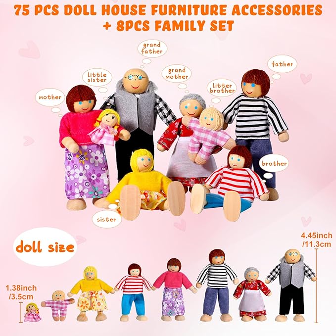 HyDren 83 Pcs Wooden Dollhouse Furniture Set with 8 Flexible Dolls for 5 Rooms Kits Kitchen, Dining, Living Room, Bedroom, Bathroom Dollhouse Accessories and Furniture Toys for Girl Boy Toddlers Gift