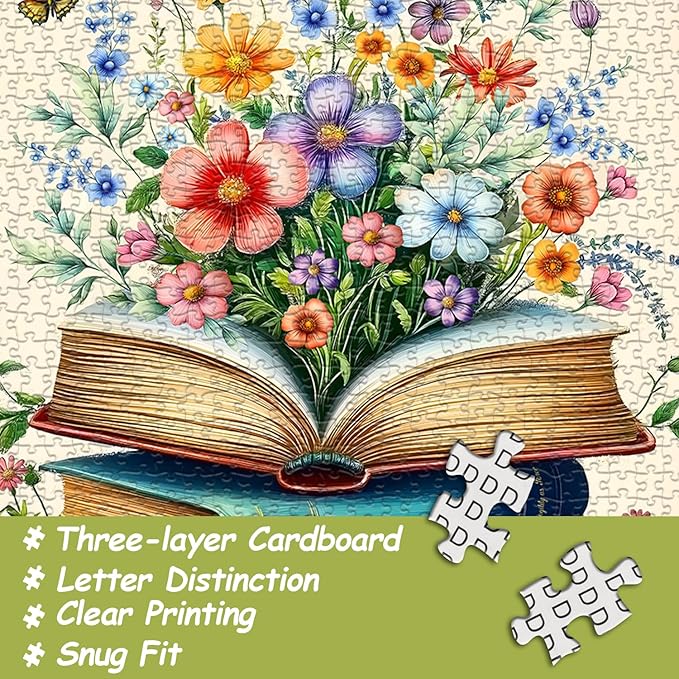 Wildflower Pages Puzzles for Adults 1000 Pieces, PICKFORU Vintage Literary Blossom Jigsaw Puzzle, Retro Flower Book Page Floral Themed, Spring Plant Art Puzzles for Adults