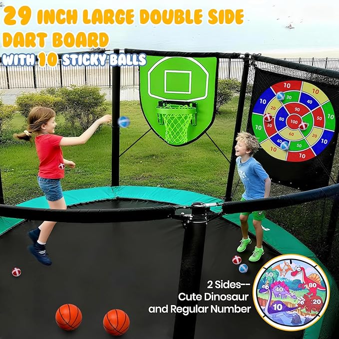 Trampoline Accessories Kit Kids,Basketball Hoop with 3 Mini Basketballs,50FT Solar Lights Fit 8 10 12 14 15 16FT Trampoline Outdoor 8 Mode,Choose from 2 Kits with Sprinkler or Dart Board & Glow Net