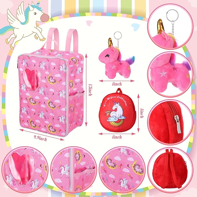 Wettarn 18 Inch Doll Carrier Set with Clothes and Accessories Including Doll Travel Bag, Dress, Shoes, Sunglasses, Backpack and Unicorn for Unicorn Birthday Gift (Cute,Red)