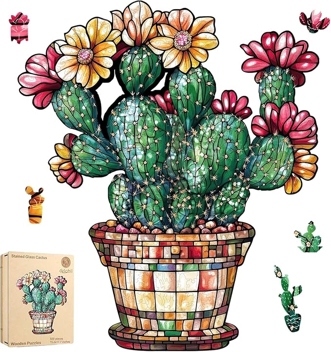 Delobil Stained Glass Cactus Wooden Puzzles for Adults, 500 Pieces Jigsaw Puzzles, Unique Shaped Royal Size Wood Puzzle Gift for Adults and Kids, Family Game 15.2'' x 17.7''