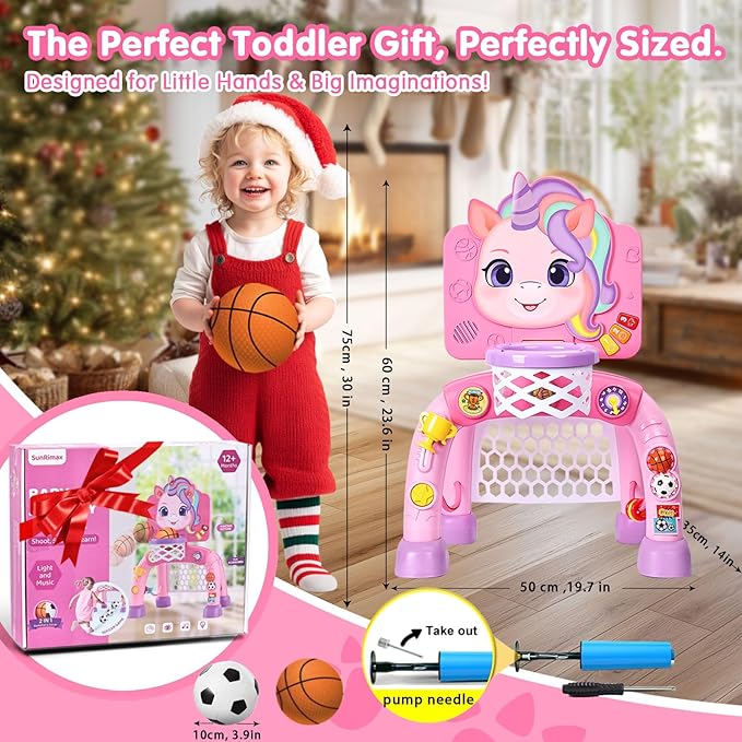 Toddler Basketball Hoop&Soccer Goal,Toys for 1 2 3 Year Old Girls,1+ Year Old Girl Gift 1st Birthday Chirstmas, Baby Sports Toy with Light Sound Music,12-18 Months Baby Activity Center
