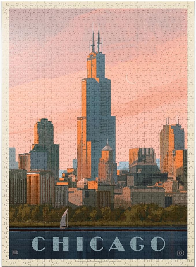 MyPuzzle Chicago Skyline: Lake Michigan, Vintage Poster - Premium 1000 Piece Jigsaw Puzzle for Adults