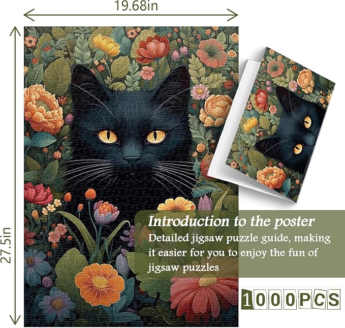 Vintage Cat Puzzles for Adults 1000 Pieces and up, PICKFORU Flower Jigsaw Puzzles Collection Animal and Plant, Retro Kitty Puzzle for Cat Lovers