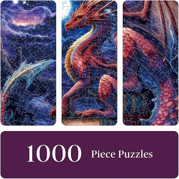 Round Jigsaw Puzzle 1000 Piece - Guardian Dragon & Ancient Books - 26.5in Circular Epic Fantasy Art, Starry Night Jigsaw Gift for Adults