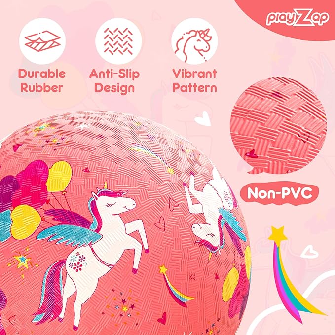 PlayZap 2 Pack Playground Balls for Toddlers, Unicorn Kickballs for Kids 3-12, 8.5" Rubber Bouncy Balls with Pump, Indoor & Outdoor Dodgeball Toys for Boys & Girls Gifts