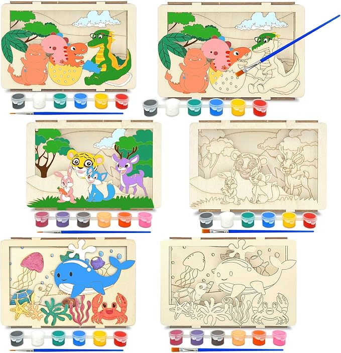 Vileafy 6-Pack 3D Wood Crafts for Painting Party Favors & Kids Gifts for Classmate – Dinosaur, Jungle & Ocean Puzzles with Individual Paints & Brushes for Boys & Girls Ages 4-8 (6)
