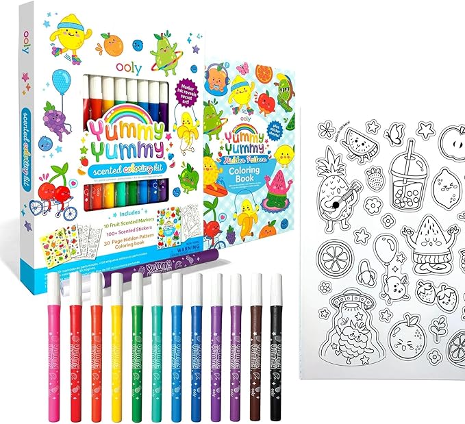 Ooly Yummy Yummy Coloring Kit Includes 10 Lightly Scented Markers, Over 100 Scented Stickers, and 30 Pages of Hidden Pattern Coloring Book, Perfect Airplane Travel Set and Creative Play