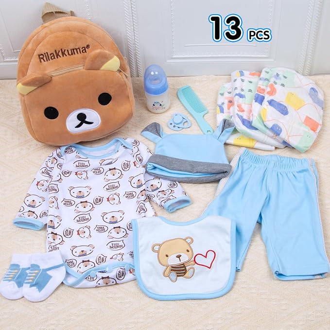 13Pcs Baby Doll Accessories Set, Reborn Baby Doll Clothes 17-22 Inch Boy Blue Outfits with Backpack + Diapers + Feeding Bottle, Babies Pretend Play Set