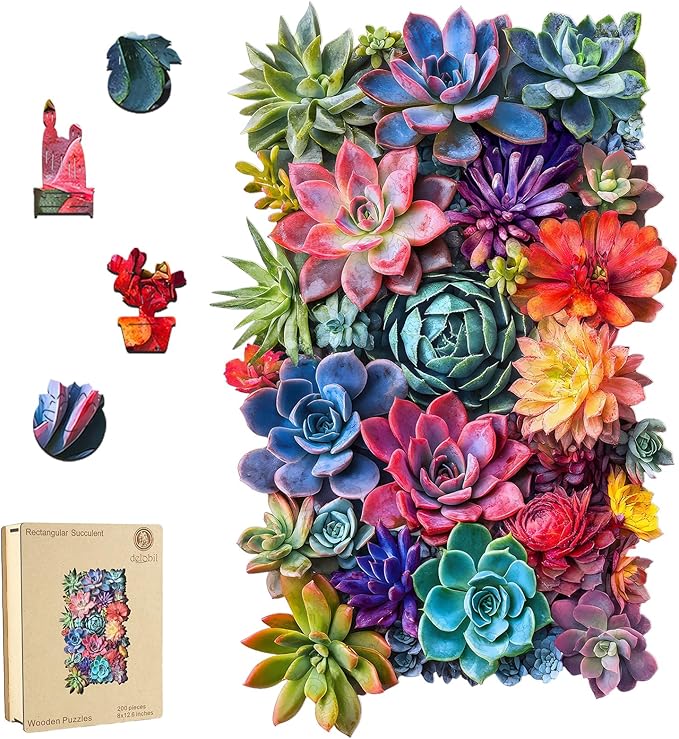 Delobil Rectangular Succulent Wooden Puzzles, 200 Pieces Jigsaw Puzzles 12.6'' x8'', Unique Design Wooden Puzzles for Adults and Kids, Family Game Gift