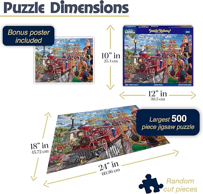 White Mountain 500 Piece Jigsaw Puzzle Theme Park Train Puzzles with Large Pieces Gift for Adults 18"x24" - Seaside Railroad