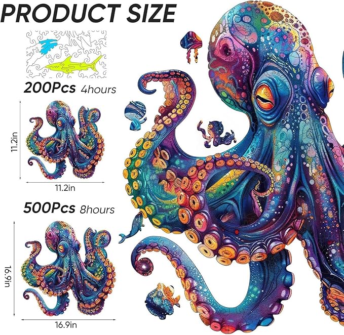 Qiuenisray Wooden Puzzles for Adults, Octopus Ocean Jigsaw Puzzles 200 Pieces, Cool Wood Puzzle Wall Decor, FSC Certified Unique Animal Adult Puzzles Piece, Creative Gift for Family Game 11.2x11.2 in