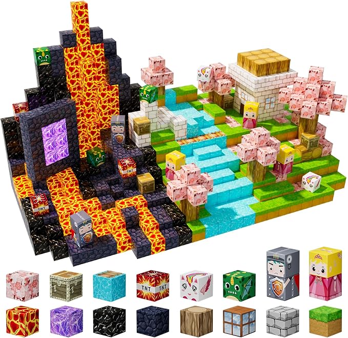100PCS Magnetic Blocks - Magnet Cubes Toys Stacking, Build Mine Magnet World Magic Portal Set, STEM Montessori Stacking Toy for 3+ Year Old Boys&Girls (Forest and Castle)