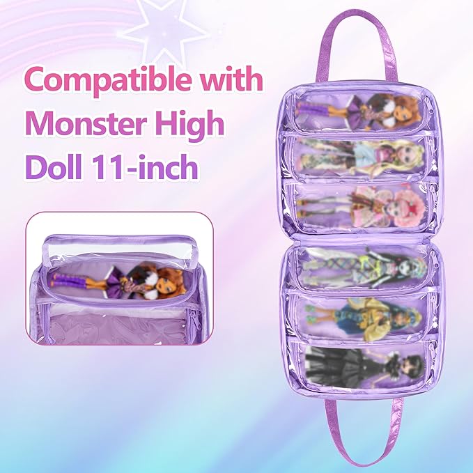 LoDrid Doll Case Compatible with Monster High Dolls with 6 Transparent Pockets for Display and Storage, Tote Bag with Front Pocket and Handle, Purple, Bag Only