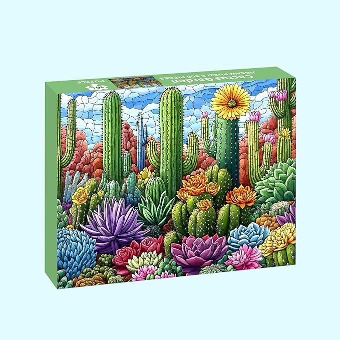 Puzzles for Adults 500 Pieces, Stained Glass Jigsaw Puzzles 500 Pieces - Cactus Garden, Cactus Wall Art Puzzle for Families, Finished Size 20.47 * 14.96”, with 1:1 Poster, Letter on the Back