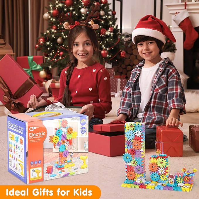 Building Toys, 234 Pieces Upgrade Gear Building Blocks Set Kids Tool Set with Electric Drill, Kids Toys STEM Kits Gifts for Boys Girls Age 3+
