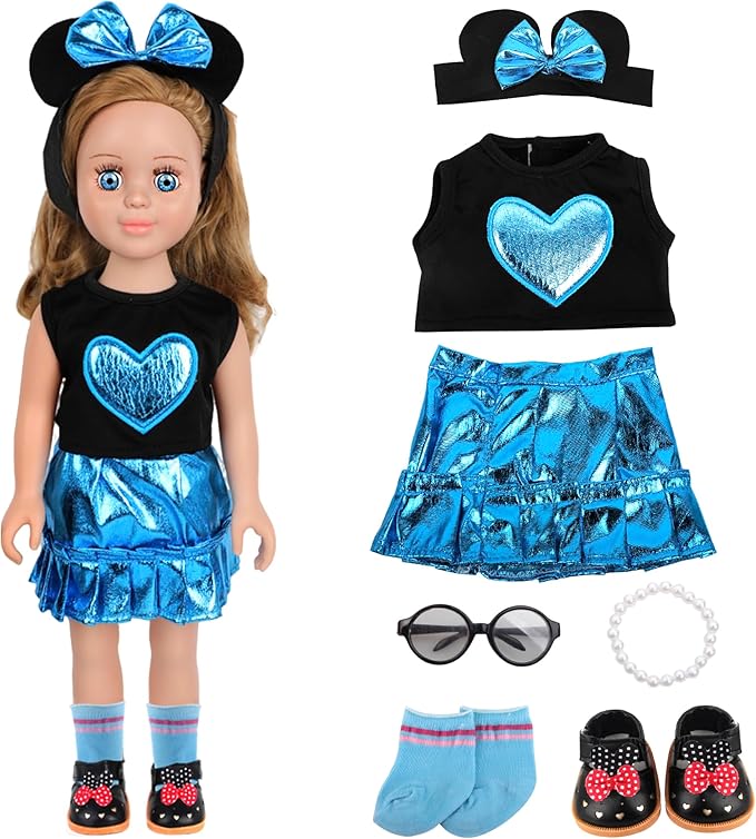 MSYO 18 Inch Doll Pretend Play Set-9 Pcs Party Dress Up Collection with Polka Dot Dress,Bow Headband,Pearl Accent Necklace,Shoes & Glasses for 18 Dolls(Blue)
