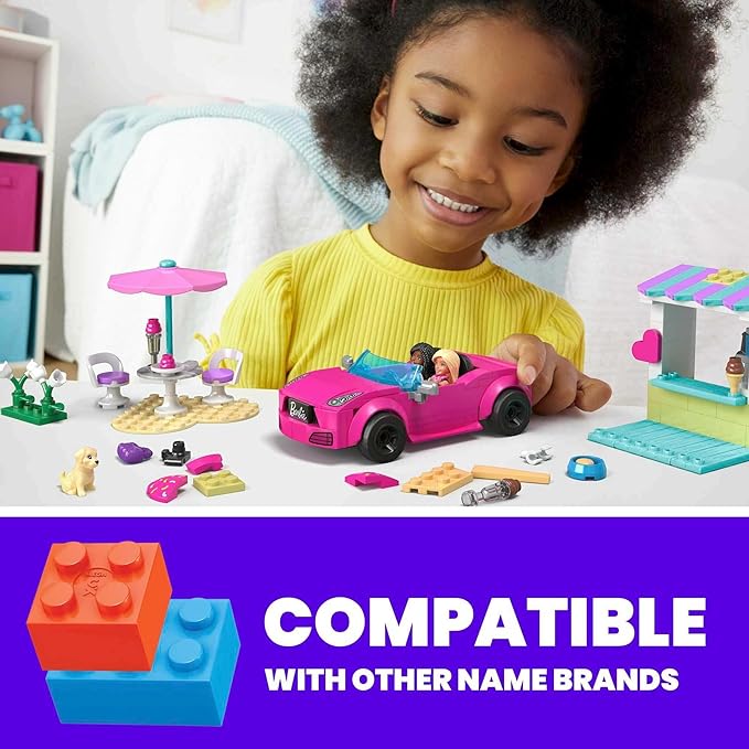 MEGA Barbie Kids Building Toy Set, Convertible & Ice Cream Stand with 226 Pieces, 2 Micro-Dolls and Accessories, Pink, Ages 6+ Years